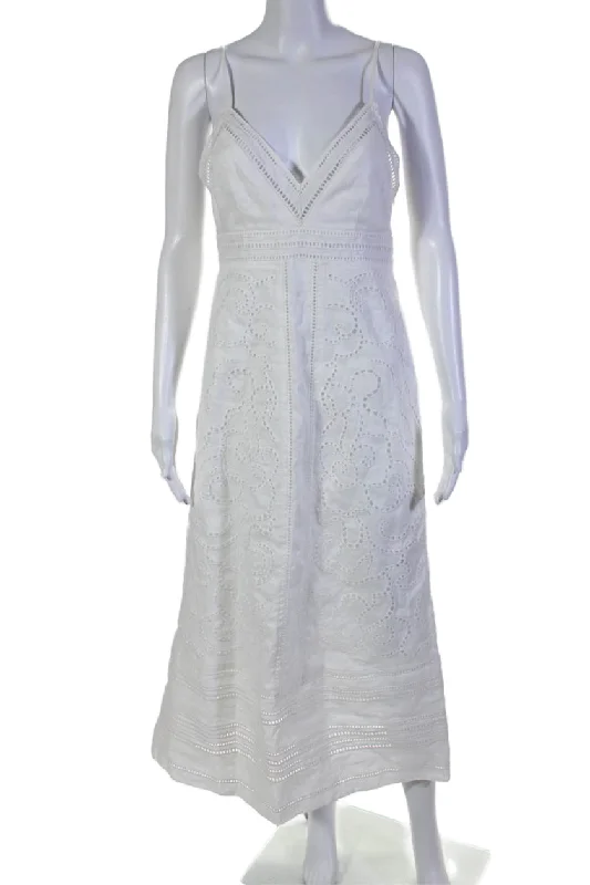 Super Savings A.L.C. Womens Linen Eyelet Spaghetti Strap High Waist A Line Dress White