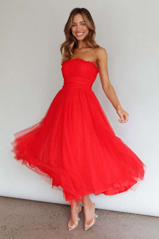 Members Only Fayette Strapless Mesh Midi Dress Red