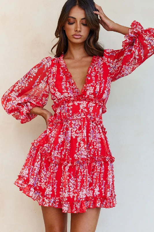 Clearance Items Laney Cutout Back Ruffle Detail Floral Dress Red