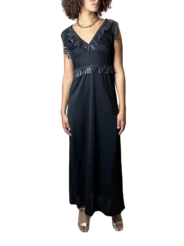 Daily Deals Unique Original Vintage 1970's Black & Faux Leather Detailed Maxi Dress UK 14 - 16