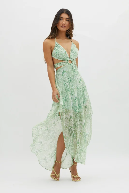 Quick Sale Samia Cut-Out Halterneck Midi Dress Print Green