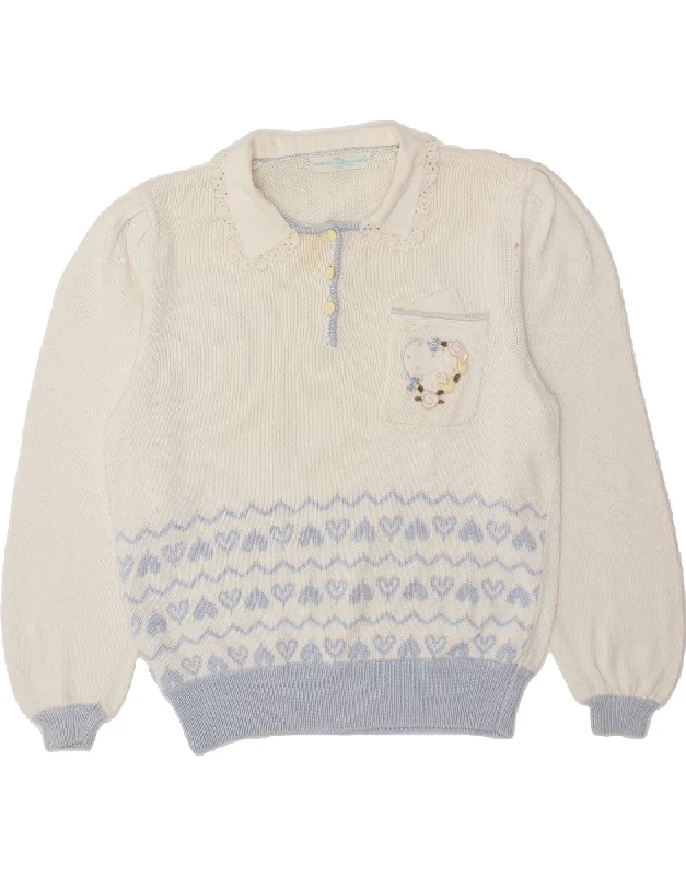 Steals and Deals VINTAGE Womens Abstract Pattern Polo Neck Jumper Sweater UK 10 Small White Steals and Deals VINTAGE Womens Abstract Pattern Polo Neck Jumper Sweater UK 10 Small White