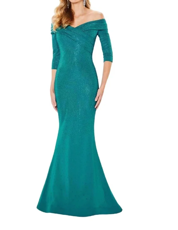 Loyalty Reward Off-Shoulder Sparkle Beaded Mermaid Gown In Peacock