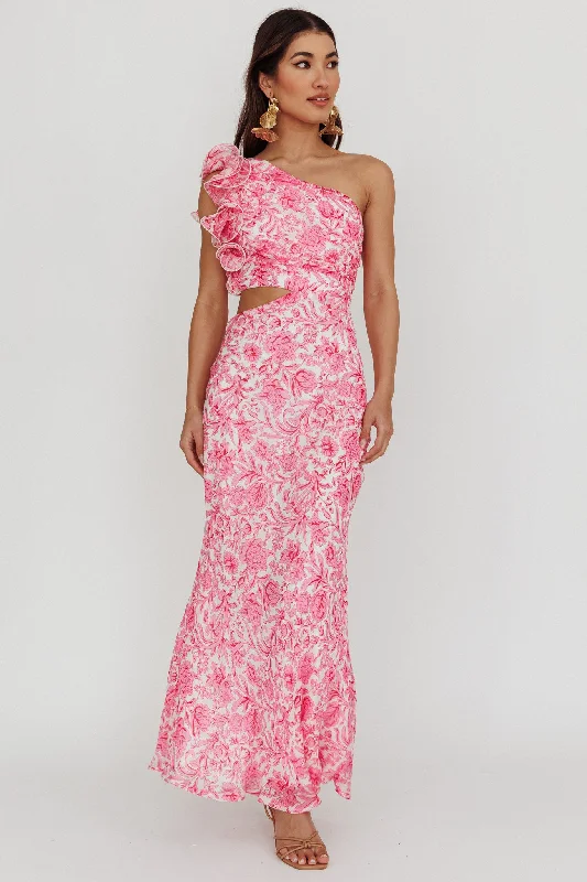 Price Buster Deanna One-Shoulder Ruffle Midi Dress Floral Pink