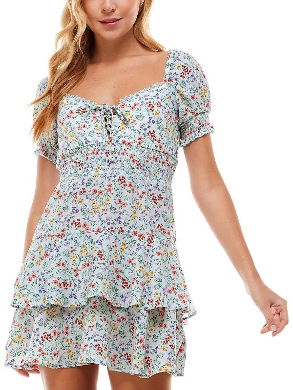 Discount Deals Juniors Womens Floral Smocked Fit & Flare Dress