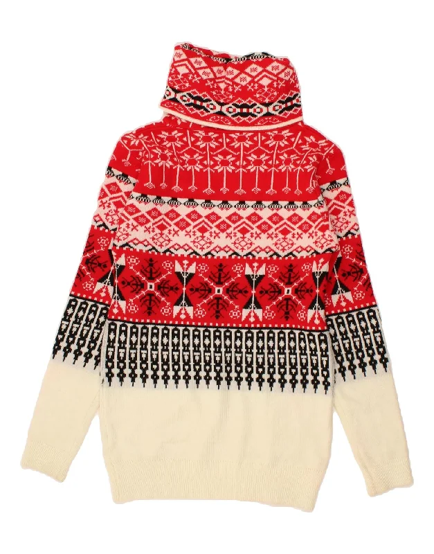 Price Drop VINTAGE Womens Longline Roll Neck Jumper Sweater UK 6 XS Red Fair Isle