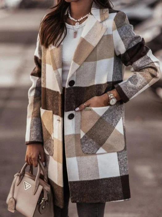 Crazy Savings Stylish Loose Lapel Woolen Coat with Checkered Pockets