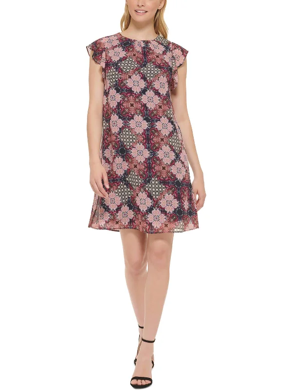 Early Access Petites Womens Floral Ruffle Sleeve Cocktail And Party Dress