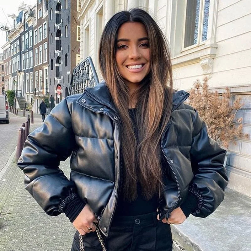 Super Savings DressBetty - Thick Warm Short Black Pu Leather Coats