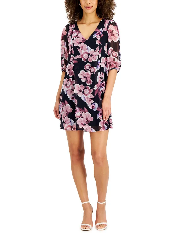 Savings Galore Petites Womens Floral Print Mini Fit & Flare Dress