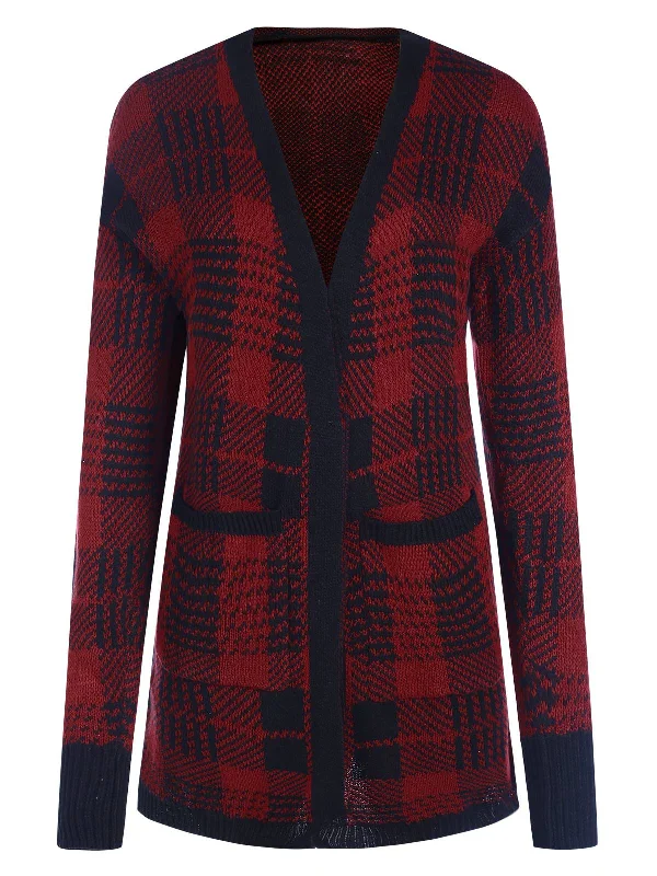 Deal of the Week Red 1950s Pockets Plaid Knitted Cardigan