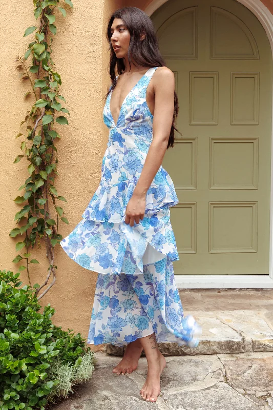 Early Bird Discount Veda Strappy Back Ruffle Midi Dress Floral Blue