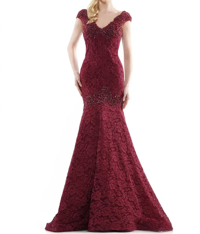 Midnight Sale Embellished Lace Fitted Trumpet Gown In Burgundy