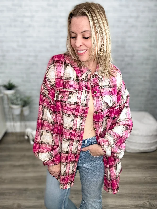 Special Offer Tickled Pink Plaid Shacket with Frayed Hem Detail