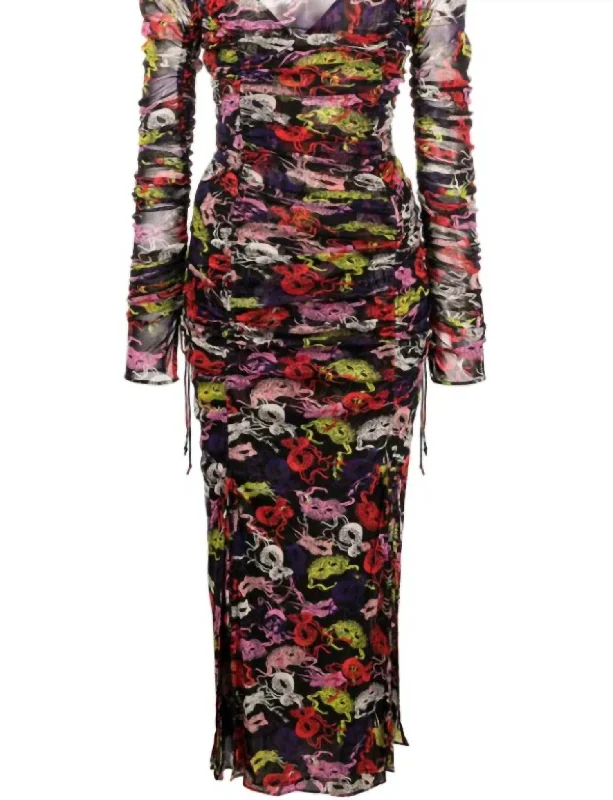 Unbeatable Prices Corinne In Masks Ruched Mesh Midi Dress in Multi