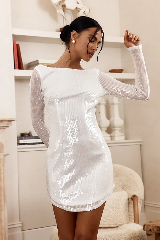Get It Before It’s Gone Karma Long Sleeve Keyhole Back Sequin Dress White