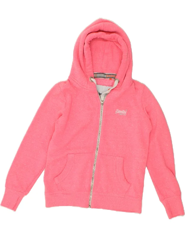 Price Buster SUPERDRY Womens Zip Hoodie Sweater UK 16 Large Pink Flecked Cotton