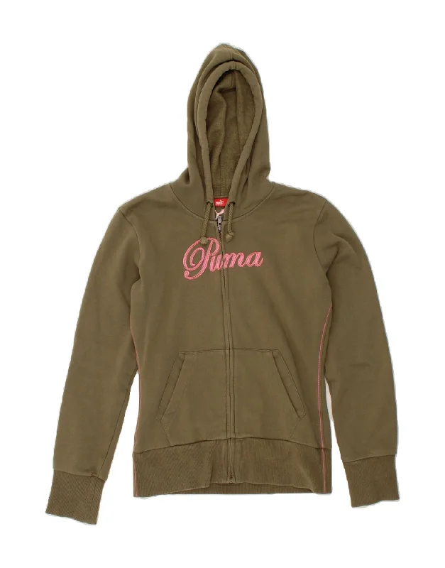 Price Break PUMA Womens Graphic Zip Hoodie Sweater UK 14 Medium Khaki Cotton