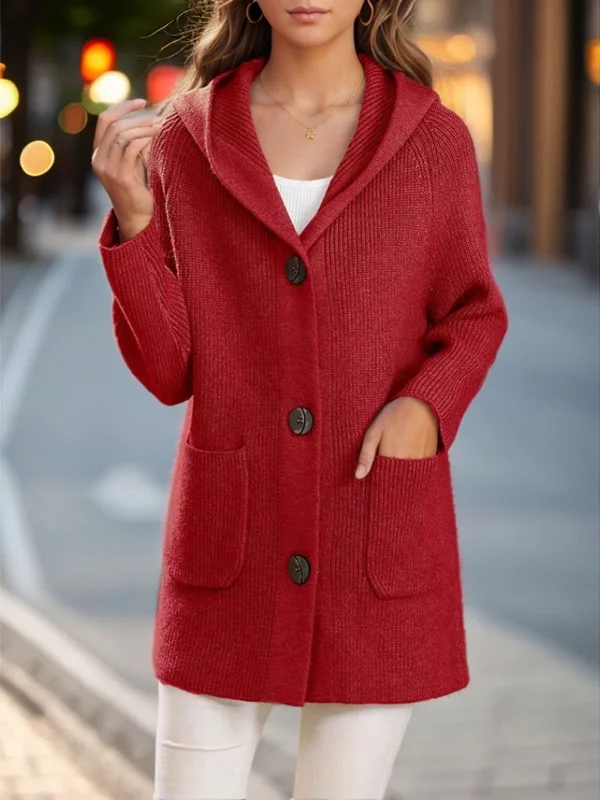 Extra Savings 1940s Solid Pockets Knitted Hooded Coat