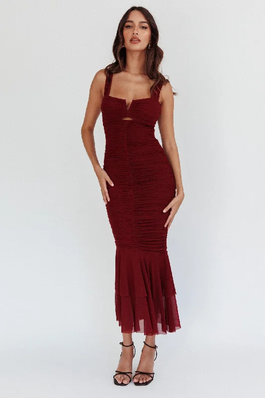 Exclusive Deal Nadia Ruched Fishtail Maxi Dress Dark Mauve