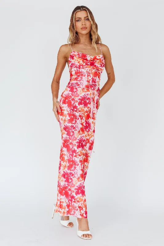 Year-End Clearance Teava Laced Waist Midi Dress Floral Red