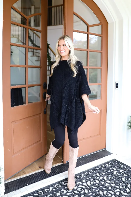 Big Savings Chic Warmth Black Knit Poncho - DOORBUSTER