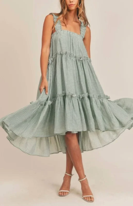Discount Extravaganza Sleeveless Checkered Ruffle Midi Dress In Green