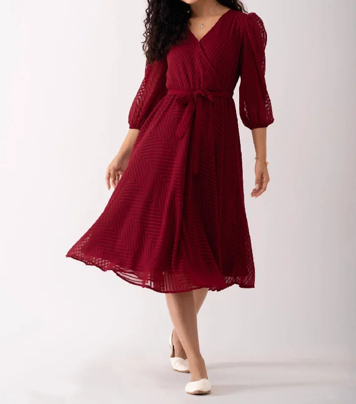Savings Alert Chiffon Brasso Swiss Dot V-Neck Dress In Maroon