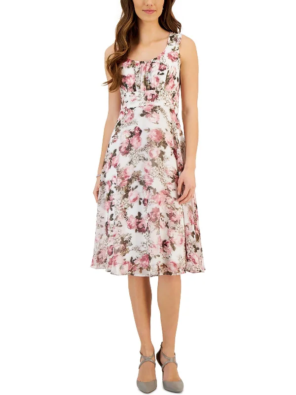 Discount Deals Womens Floral Print Chiffon Midi Dress