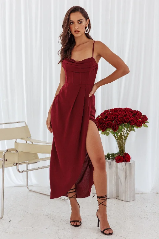 Major Savings Patrice Draped Neck Split Midi Dress Wine