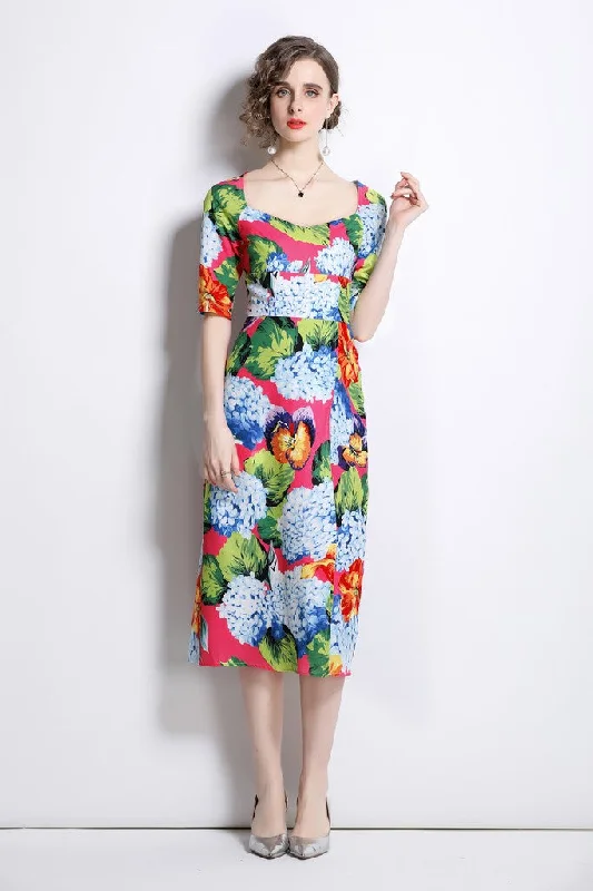Discount Deals Pink & Multicolor Print Day A-line Squareneck Short Sleeve Midi Dress