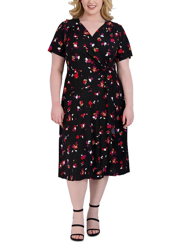 Members Only Plus Womens Knit Faux-Wrap Midi Dress