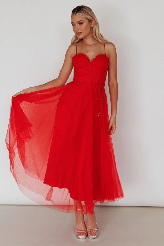 Bonus Savings Smitten Sweetheart Neckline Chiffon Midi Dress Red