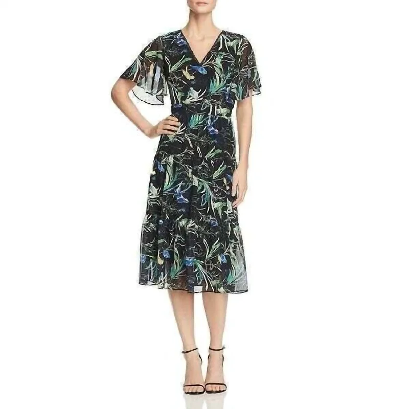 Seasonal Sale Printed Chiffon Flounce Midi Dress In Black