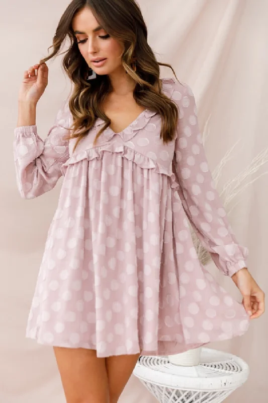 Exclusive Deal Cutie Pie Long Sleeve Babydoll Dress Mauve