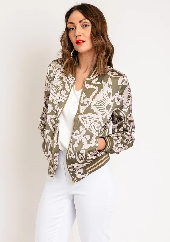 Act Fast Serafina Collection Feather Print Bomber Jacket, Khaki