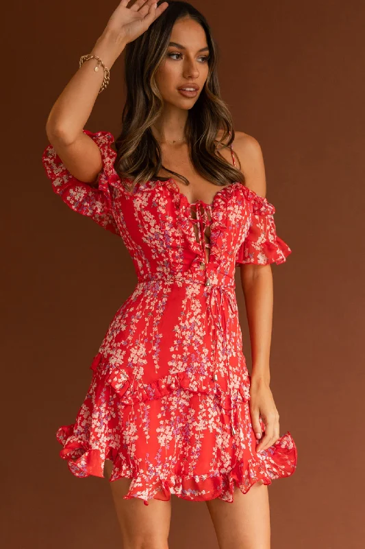 Amazing Deals Maranda Bardot Lace-Up Bust Dress Dainty Floral Red