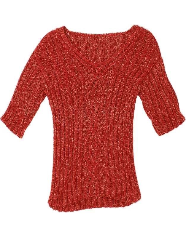 YEAR-End Sale VINTAGE Womens 3/4 Sleeve V-Neck Jumper Sweater UK 14 Large Red