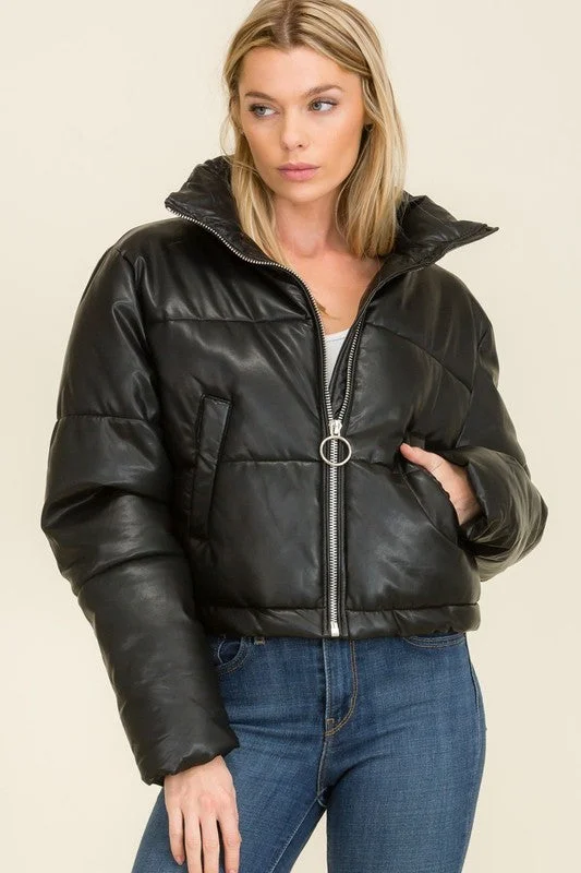 Early Access BLACK FAUX LEATHER CROPPED PUFFER JACKET