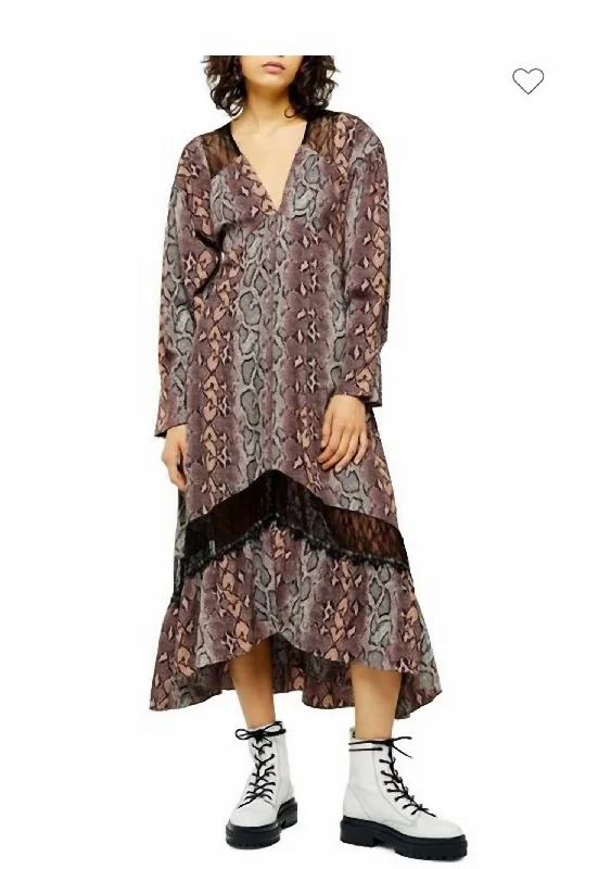 Now or Never Snake Print Lace Trim Midi A Line Dress In Multicolor