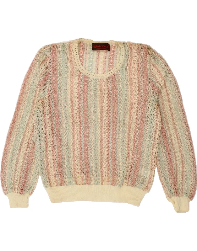 Limited Edition VINTAGE Womens Crew Neck Jumper Sweater UK 12  Medium Beige Striped