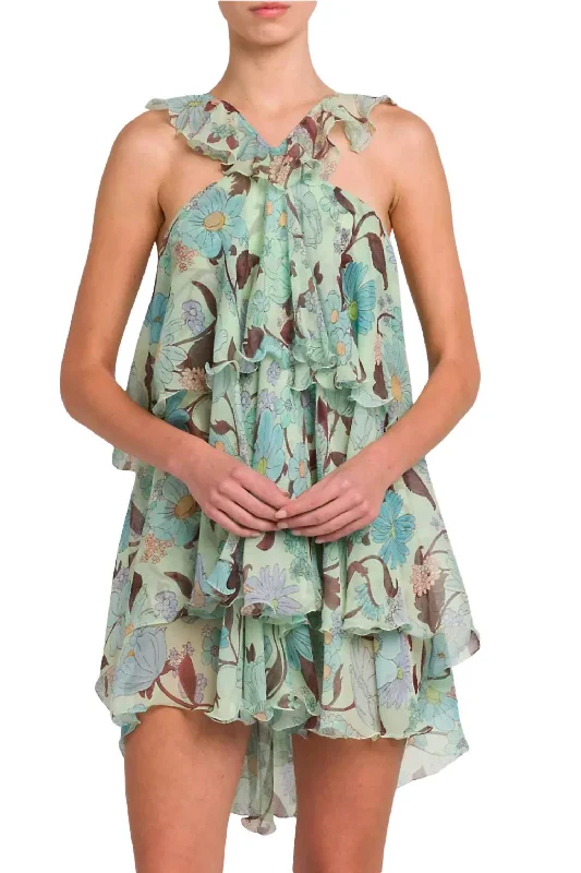 Early Bird Discount Garden Print Frill Mini Dress In Multicolor Mint