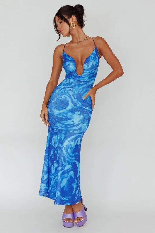 Quick Sale Nouveau U-Neckline Midi Dress Marbled Blue