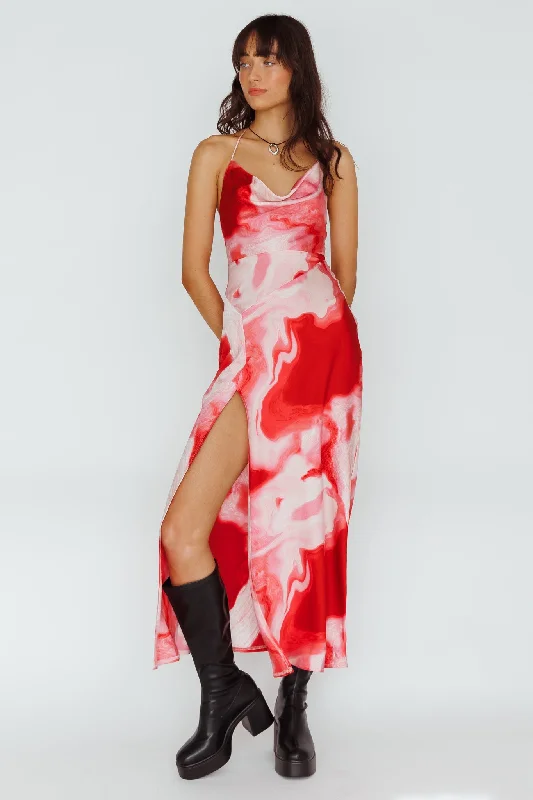 Exclusive Deal Marcello Cowl Halterneck Midi Dress Marble Red