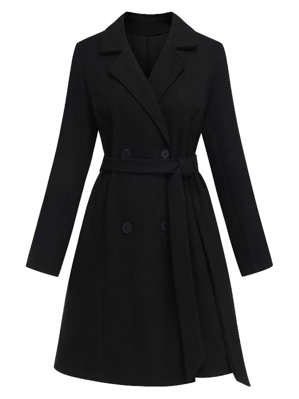 Can't Miss Black 1940s Double-Breasted Belted Solid Coat