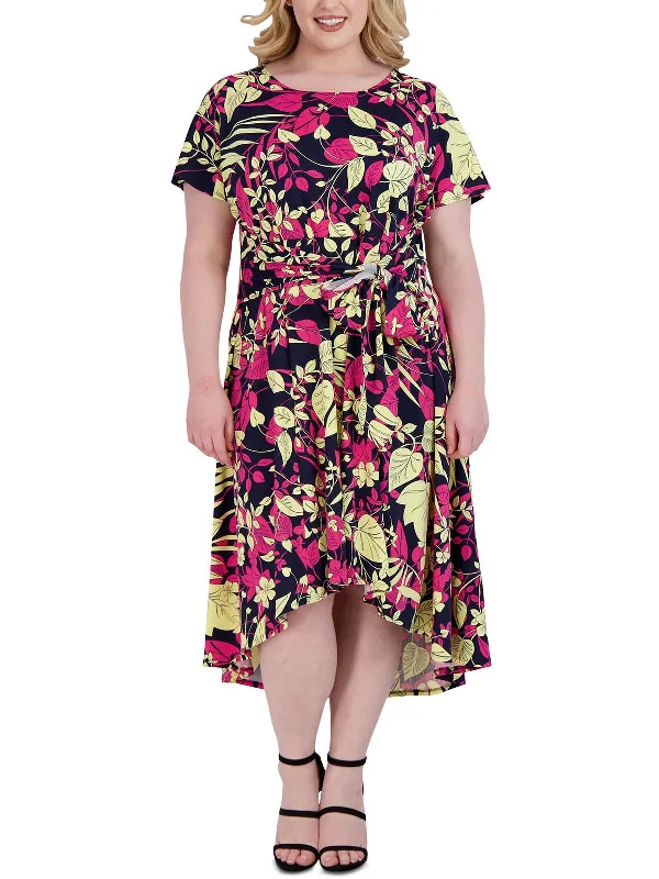 Exclusive Preview Plus Womens Printed High-Low Midi Dress