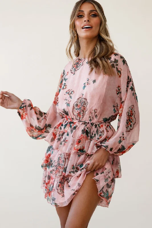 Instant Discount Odessa Long Sleeve Layered Ruffle Dress Floral Print Pink