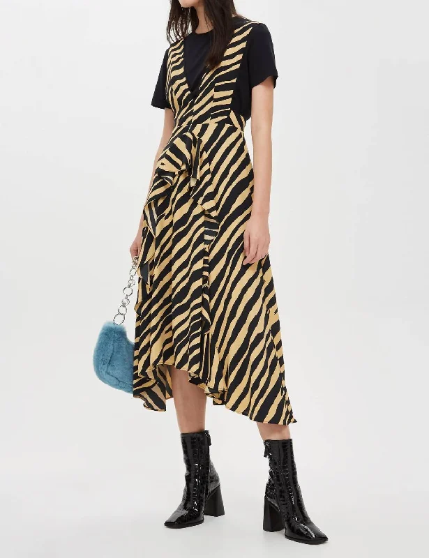 Best Deals Zebra Print Striped Pinafore V Neck Dress In Brown
