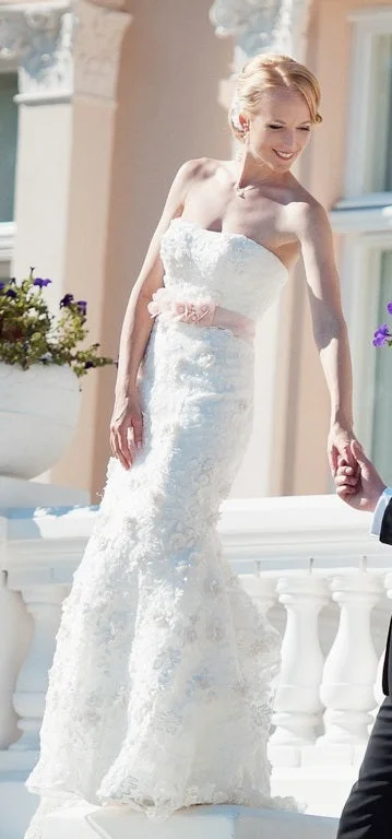 Online Exclusive Oleg Cassini Fitted Trumpet Gown with Subtle Pink Flowers Style