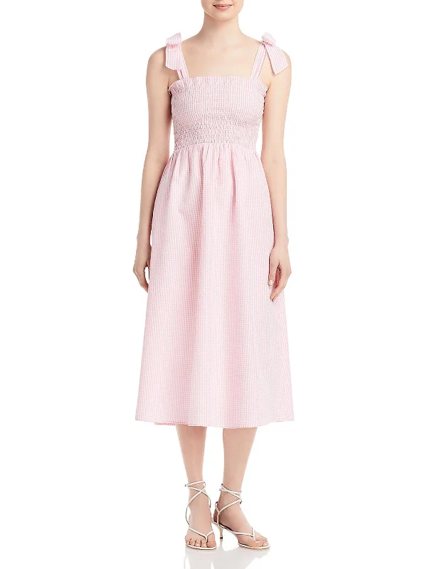 Factory Direct Sale Womens Gingham Smocked Midi Dress